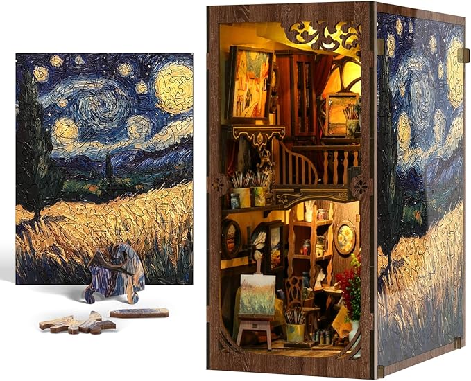 ISSEVE Book Nook Kit, DIY 3D Wooden Puzzle Dollhouse Booknook for Adults, Tiny Miniature House Kit Bookshelf Decor w Dust Cover, Halloween for Crafts Book Lovers (Painter’s Studio)