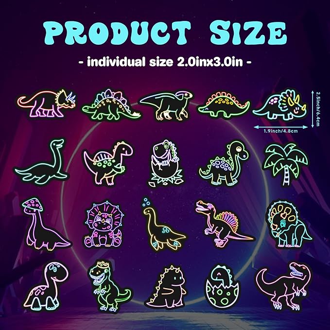 51 Pcs Neon Dinosaur Stickers for Kids, Dinos Sticker for Water Bottle, Vinyl Waterproof Laptop Decals for Teens Girls Boys, Students Adults Sticker Pack