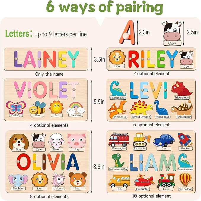 Personalized Name Puzzle for Kids, Wooden Name Puzzle for Toddlers 1-3, Custom Baby Gifts, Educational Montessori Toys for Learning Alphabet, Animals, First Birthday Gifts for Boys Girls