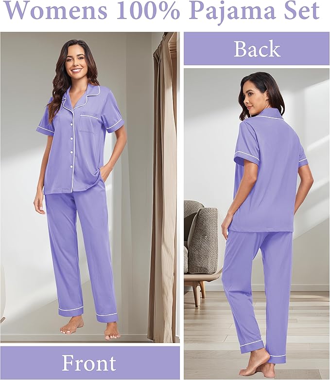 CF Womens 100% Cotton Pajamas Set Button Down Pjs Sets Short Sleeve Top & Long Pants Sleepwear Comfy Loungewear with Pockets