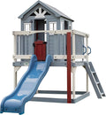 Backyard Discovery Beacon Heights Elevated Cedar Wooden Kids Playhouse with Wave Slide, Play Kitchen, Wrap-Around Deck, Flat-Step Ladder, Half Door, Windows, Bell, and Growth Chart for Outdoor Play