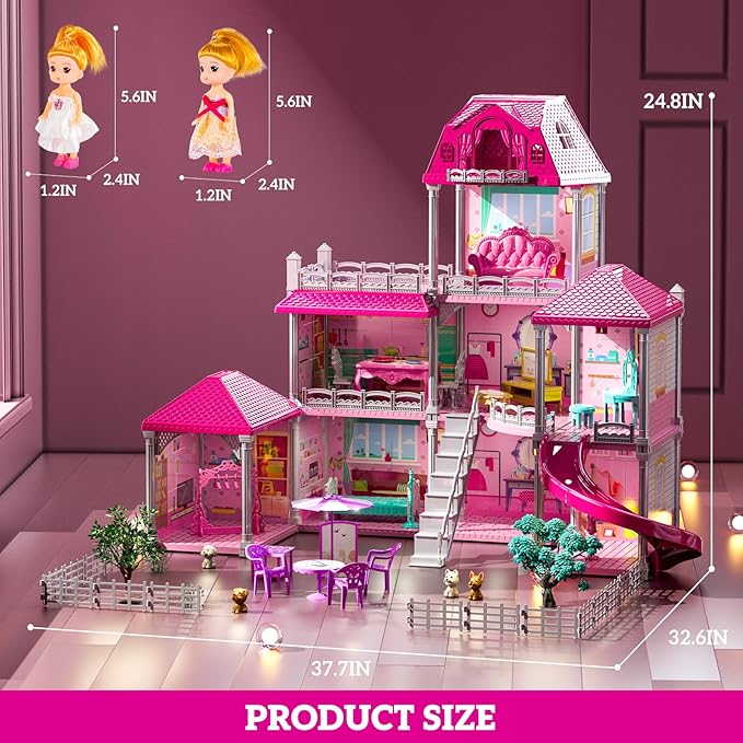 Villa Playset for Girls Ages 3-7, 3-Story 8 Room House with 2 Dolls, Furniture and Accessories, Indoor Playset Girls Toys for Ages 6-8, Pretend Toddler Toy, Birthday Gifts for Kids 4-8