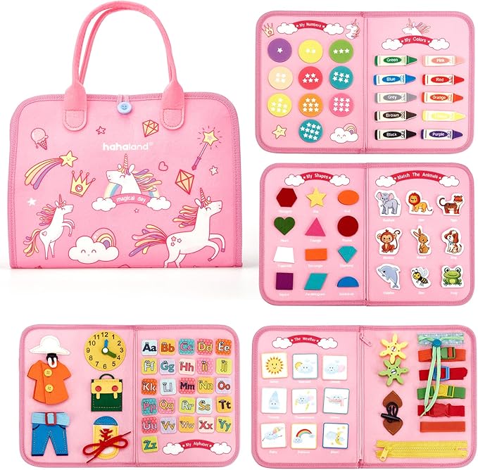 hahaland Toddler Busy Board Montessori Toys, 3 Year Old Girl Gifts Preschool Educational Learning Toys with Life Skills, Alphabet, Number, Shape, Color, Toddler Girl Stocking Stuffers Travel Busy Book