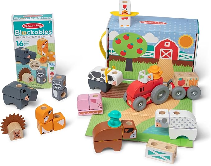 Melissa & Doug Blockables™ Farm and Farm Friends 2-Pack Bundle Connectable Wooden Building Blocks Preschool Play Set Toy