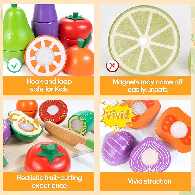 Wooden Play Food for Toddlers, Color Food Groups, Fruit & Veggies Cutting Set, Pretend Play Food Kitchen Accessories for 3 4 5 6 7 Years Old Boys & Girls