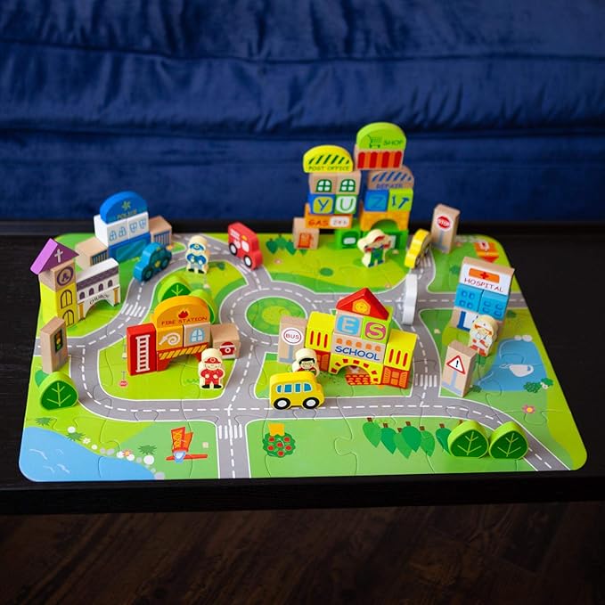 Fat Brain Toys My Town Block Set - Jigsaw Puzzle & Wood Block Set for Preschoolers