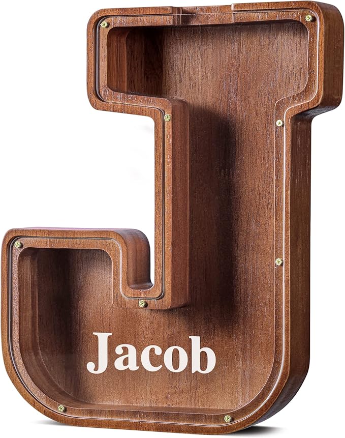 Customized Name Large Wooden Piggy Bank for Kids Boys Girls Alphabets Letter A-Z Coins Bills Money Change Bank Box Initial on Clear Cover (Laser Engraved) (Alphabet-J, Personalized-12)