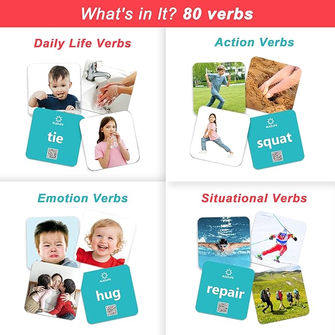 80 Verb Cards with Action Videos| Thick Action Verb Flash Cards for Speech Therapy| Verbs Flash Cards for Toddler Learning Cards Action Words| Picture Cards for Speech Therapy Games