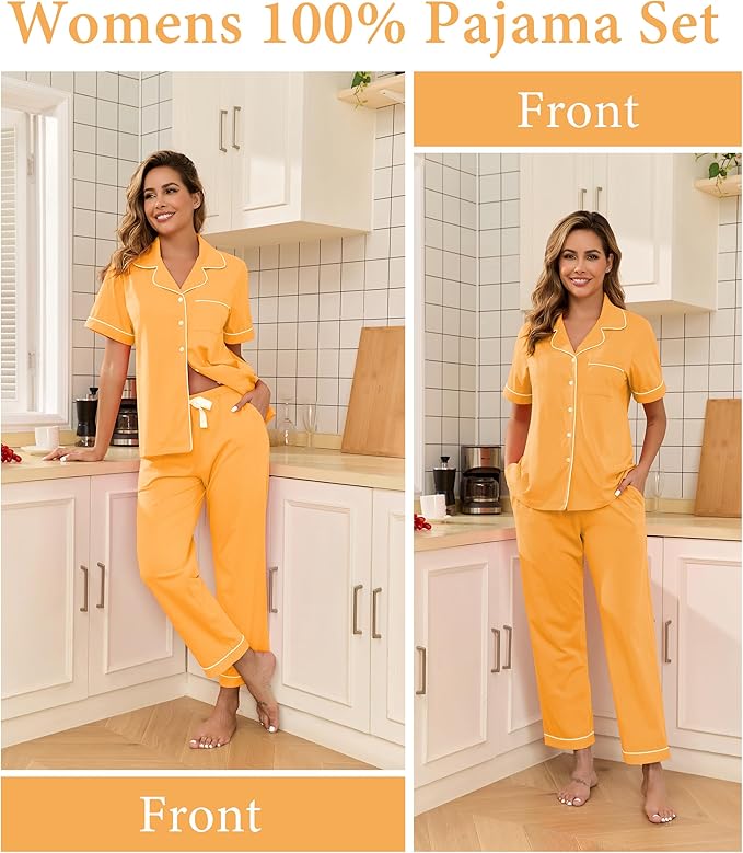 CF Womens 100% Cotton Pajamas Set Button Down Pjs Sets Short Sleeve Top & Long Pants Sleepwear Comfy Loungewear with Pockets