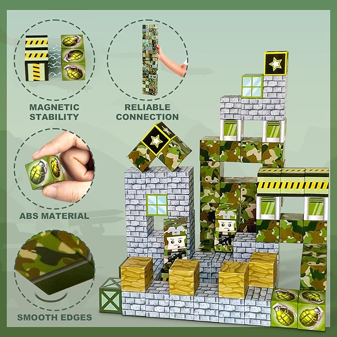 Military Magnetic Blocks Toys for Kids -100PCS Magnetic Building Blocks Magnetic Tiles STEM Montessori Sensory Toys for Boys & Girls - Birthday for Kids Ages 3 4 5 6 7 8 9 10