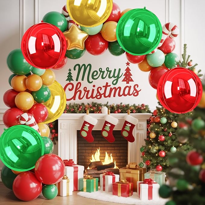 Christmas Foil Balloons Red Green Gold, 6 Pcs Red and Green Round Balloons, 22 Inch Big Round Foil Balloon for Christmas Party Decorations