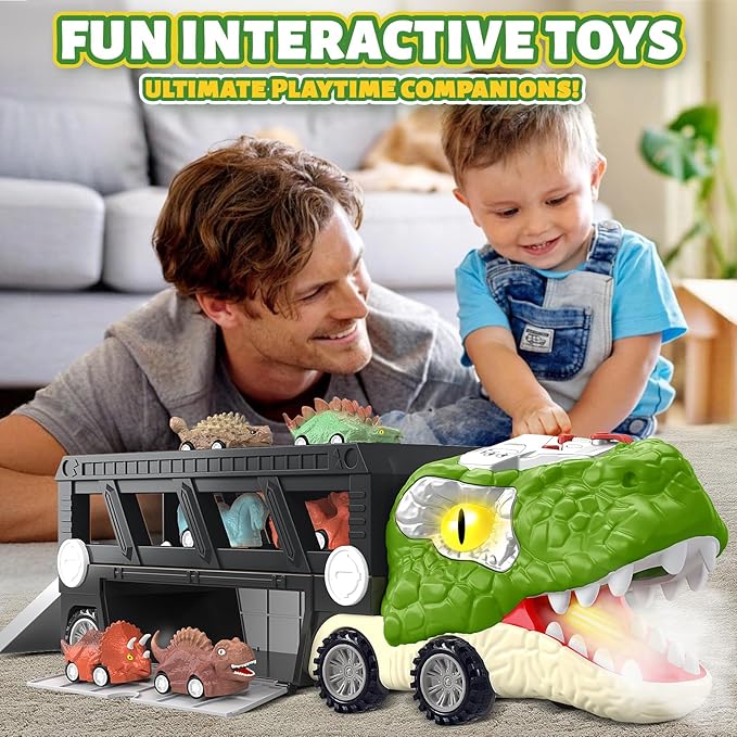Dinosaur Toys for Kids 3-5, 5-7, Dinosaur Transport Carrier Truck with 10 Mini Car, Dinosaur T-Rex Cars Track Set for Toddlers 3-4 with Spray & Light & Sound, Birthday Gifts for 3 4 5 6 Year Old Boy