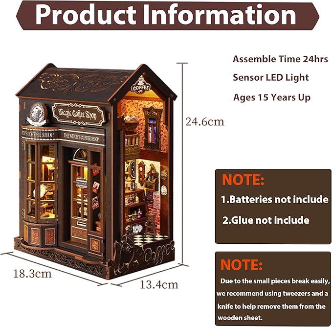 ISSEVE Book Nook Kit - DIY Miniature Dollhouse Booknook for Adults Teen, 3D Wooden Puzzle Tiny House Kit Bookshelf Decor, Gifts for Men Women Halloween Christmas Birthday (Coffee Shop)