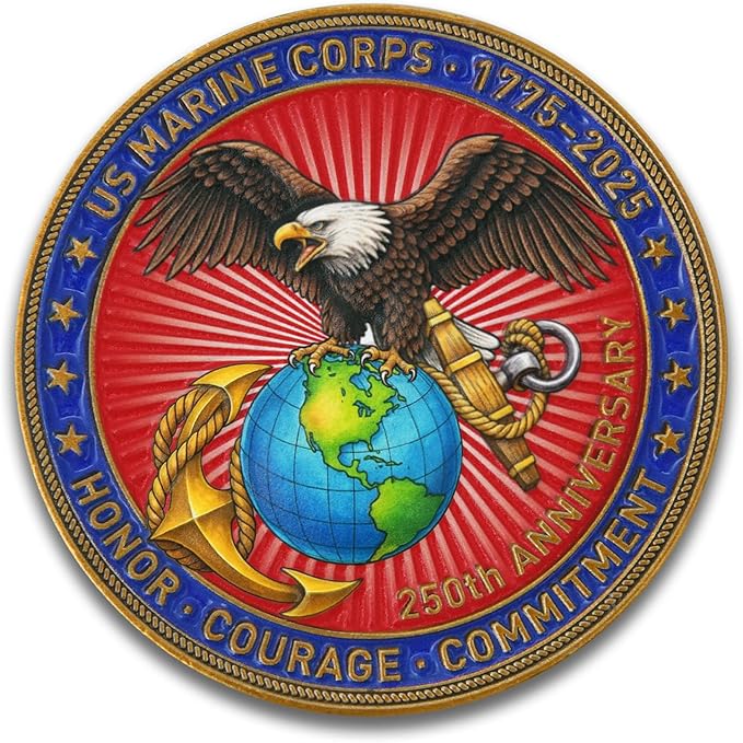 US Marine Corps 250th Anniversary Challenge Coin - Double-Sided Eagle, Globe & Anchor Design - 1775-2025 Honor Military Coin - Courage & Commitment Keepsake for Veterans & Marines