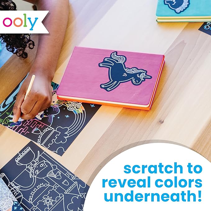 Ooly Scratch & Scribble 10pc Art Kit with 8 Total Scratch Cards (4 Illustrated, 2 Blank, 2 Rainbow) with Scratching Tool and Sparkled Stickers, Art Set Gifts for Kids - Unicorns