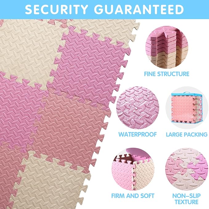 16 Tiles Foam Play Mat for Baby, Soft & Safe EVA Foam Mats for Floor, Square Baby Play Mat, Solid Colored Kids Foam Puzzle Floor Mat, 47x47 Play Mat for Playpen(Beige/Pink/Loli Pink)