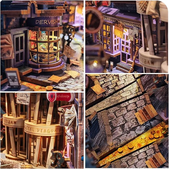 DIY Book Nook Kit,Miniature Dollhouse for Adults Teens,Booknook Bookshelf Insert Decor,Dust Proof 3D Wooden Puzzles,Tiny House Easter Halloween Home Decor,Birthday Gifts(Magic Night Alley)