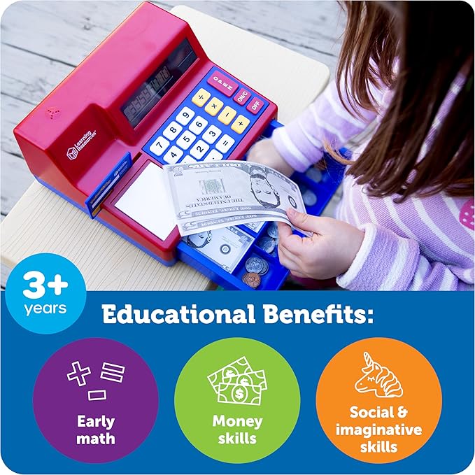 Learning Resources Pretend & Play Calculator Cash Register Toy - Gift for Kids, Toddler Toys, Play Money & Credit Card, Shopping Store Playset, Educational Preschool Activities