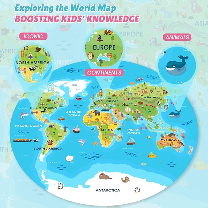 ELX 70 Piece Floor Puzzle for Kids Ages 4-8,Unicorn Princess & World Map Jigsaw Puzzles,Double-Sided Round Large Puzzles for Toddlers,Educational Toys for Boys & Girls (22.5 Inch)