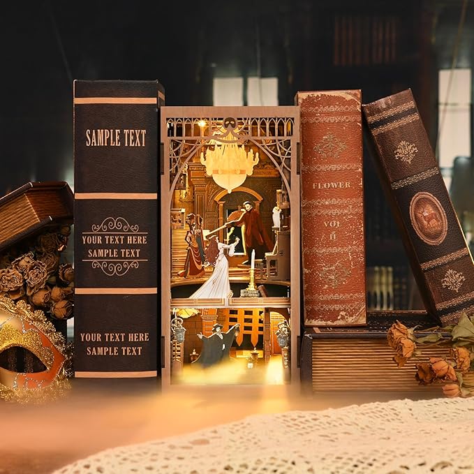 DIY Book Nook Kit, Miniature Dollhouse Booknook Kit, 3D Wooden Puzzle Bookend Bookshelf Insert Decor with LED Light for Teens and Adults (Phantom of The Opera)