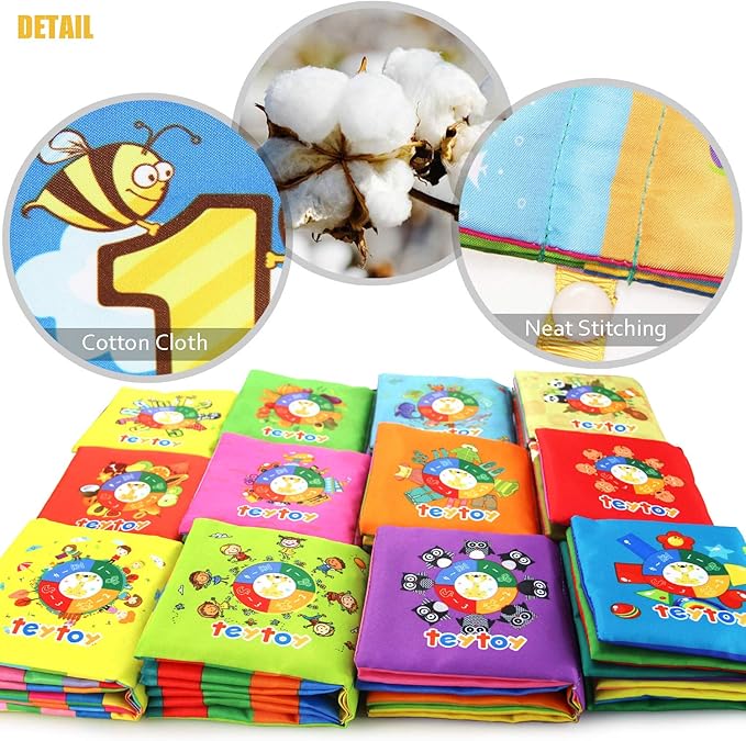 My First Soft Book,teytoy Nontoxic Fabric Baby Cloth Activity Crinkle Soft Books for Infants Boys and Girls Early Educational Toys (Pack of 12)
