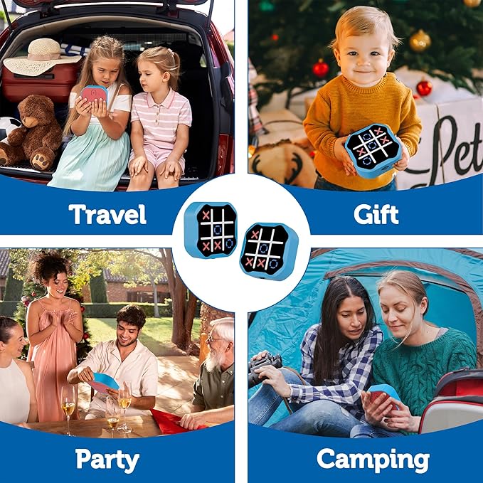 3-in-1 Electronic Tic Tac Toe Game, Handheld Travel Toy with Silent Mode, Fun for Kids and Adults, Blue