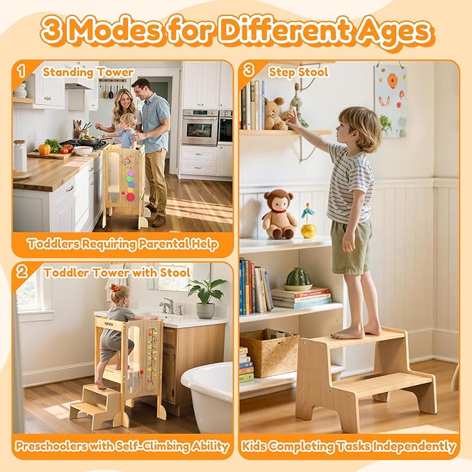 FlyingBoom Toddler Standing Tower, Foldable Kitchen Stool Helper with 2 Step Stool, Toddler Tower for Kids with Safety Net, Adjustable Height, Chalk-Whiteboard &Montessori Activity Games