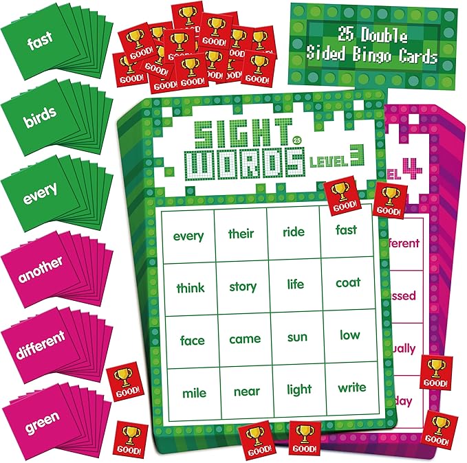 Sight Word Bingo Game, 144 Sight Words Learn to Read Level 3 & Level 4 Bingo Board Game Dolch's & Fry's Words Lists for Kindergarten and Preschool, Grade 1st, 2nd, Kids 4-8 (Up to 25 Players)