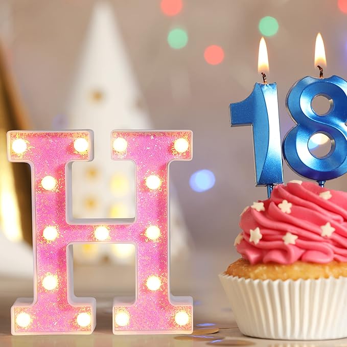 Foaky Pink Light up Letters，Pink Party Decorations,Girls Room Decor,Glitter Light Up Letters,Alphabet Letter Sign for Night Light Birthday Party Girls Gifts, Home Bar Decoration（T）