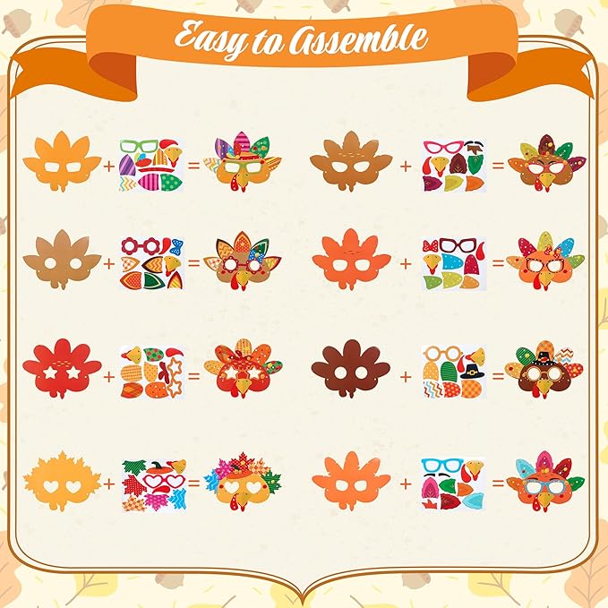 Bafeil 24 Sets Thanksgiving Turkey Masks Craft Kits DIY Turkey Face Mask Paper Art Craft Kit with Diamond Sticker for Fall Harvest Thanksgiving Party Favor Art Project Family Classroom Activity