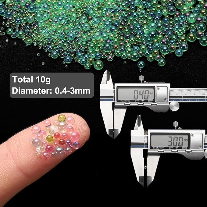 Iridescent Glass Tiny Bubble Beads, 0.4-3mm 10g No Hole Micro Mini Round Peacock Green Water Droplets Beads - Applications: for Resin Filler, Nail Art, Dollhouse Bath Tub