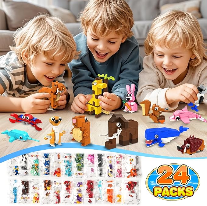 HOGOKIDS 24 Pack Large Building Set Party Favors for Kids – 1000 PCS Mini Blocks Toy to Build Realistic Animals, Goodie Bag Stuffers Classroom Prizes Easter Birthday Gifts for Boys Girls Ages 6-12