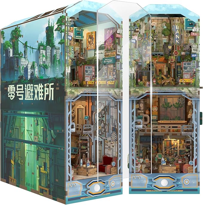 Tonecheer DIY Book Nook Kit for Adults, Wooden 3D Puzzle Bookend Diorama Bookshelf Insert Decor Fancy Books, Booknook Miniature House Kit with Dust Cover and Sensor LED (Haven Zero)