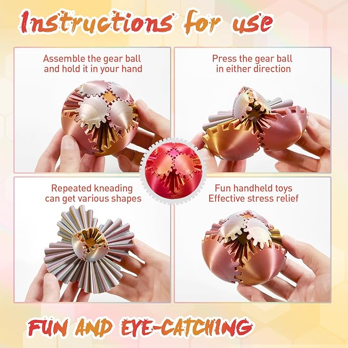 Gear Ball-3D Printed Gear Sphere,3D Printed Spin Ball Cube Fidget Toy,The Steampunk Whirling Wonder Fidget Ball Toy(Red Gold)