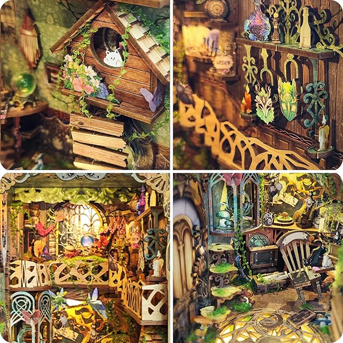 DIY Book Nook Kit, DIY Miniature Dollhouse Kit for Adults and Teens, Book Nook Bookshelf Insert Decor 3D Wooden Puzzle Bookend Miniature Kit with Sensor Light Creative Craft (Green Fairyland)