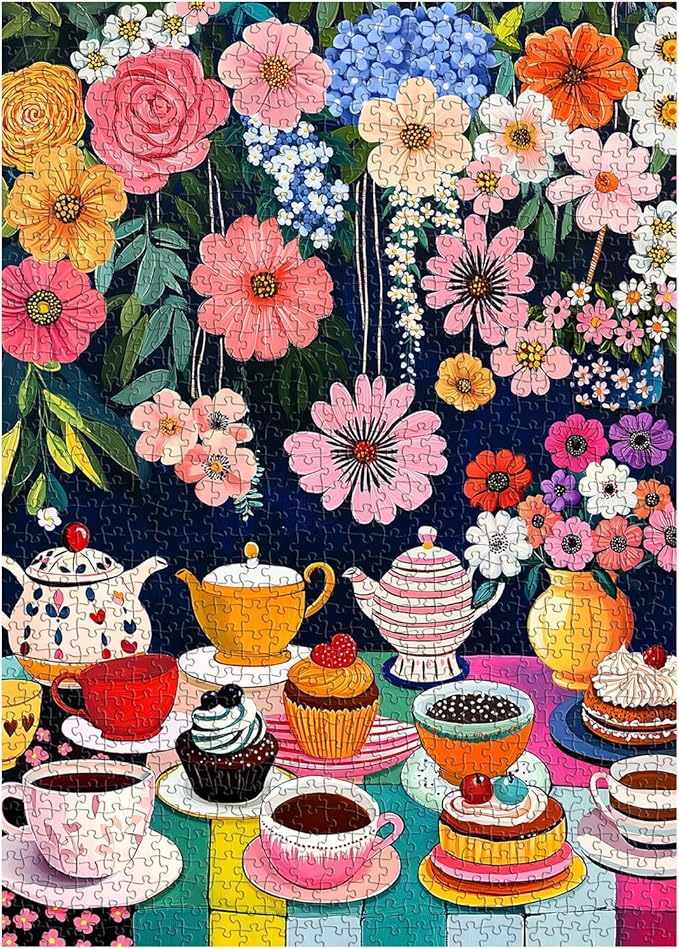 Flower 1000 Piece Puzzle for Adults, PICKFORU Colorful Tea Cups Wildflower Garden Jigsaw Puzzles, Hard Difficult Cupcake Afternoon Tea Theme as Art Decor