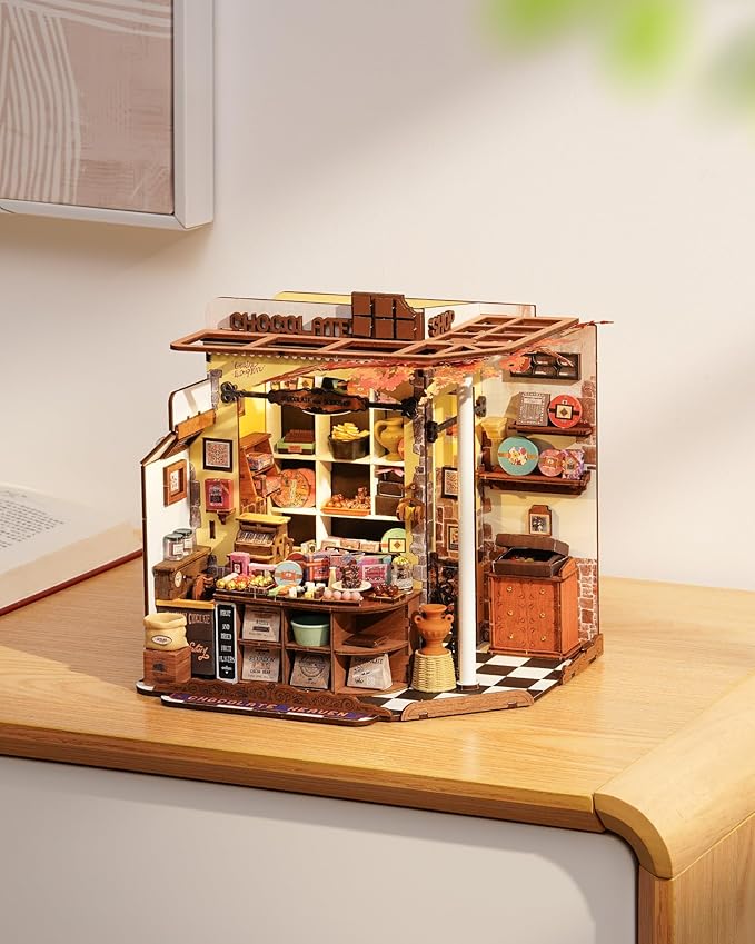 ROBOTIME DIY Miniature House Kit, Tiny House Building Kits，Mini Wooden Furniture Kit for Adults, Dollhouse for Birthday Christmas Craft Hobbies Gift（Henry's Chocolate）