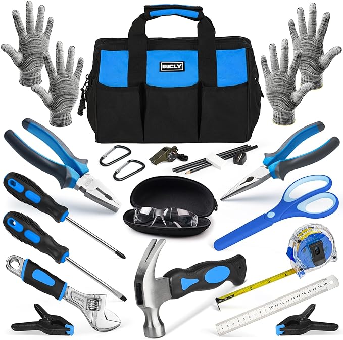 INCLY 24 PCS Real Tool Set with Tool Bag, Small Real Hand Tools Kit, Construction Learning Tools Hammer Screwdriver for Home DIY Building and Woodworking