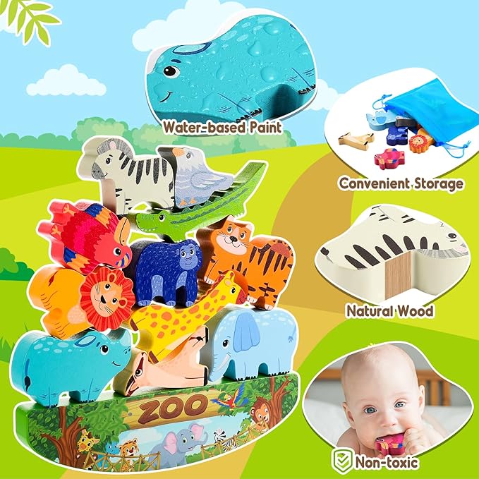 Wooden Animal Blocks Stacking Toy Kids Christmas Birthday Gifts for Boy Girl Age 3-7 Animals Montessori Toddler Toys 3 4 5 6 7 8 Year Old Boys Girls Educational Toys Fine Motor Balance Game