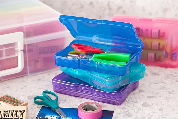IRIS USA 4" x 6" Photo Storage Box Craft Keeper, Transparent Handle Container with 16 Organization Holder Cases for Pictures, Tasks, Scrapbooking, Stationery Storage, Multi-Color/Clear