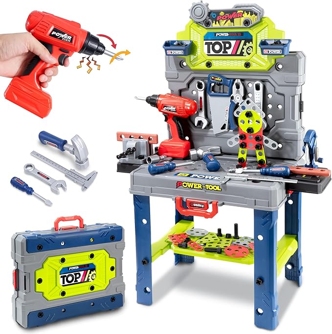 Kids Tool Kit，Kids Tool Bench STEM Engineering Playbench，32-inch Folding Workbench Set with 35+ Accessories, Electric Drill Toy & Tool Storage, Creative Construction Playset for Boys Girls Ages 3-5