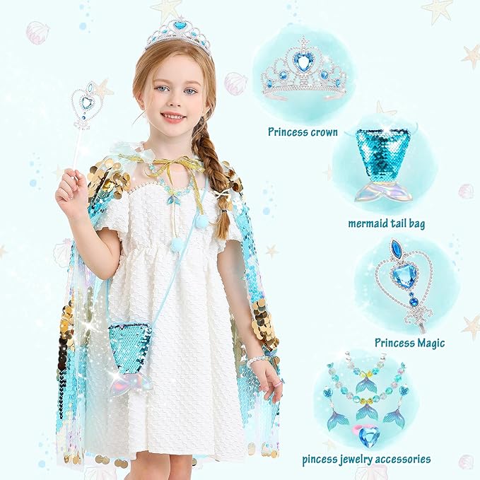 Princess Dress Up Toys Mermaid Dress Up Cape Kit 9 Pcs Gift Set for Little Girls 3-8 Years Old