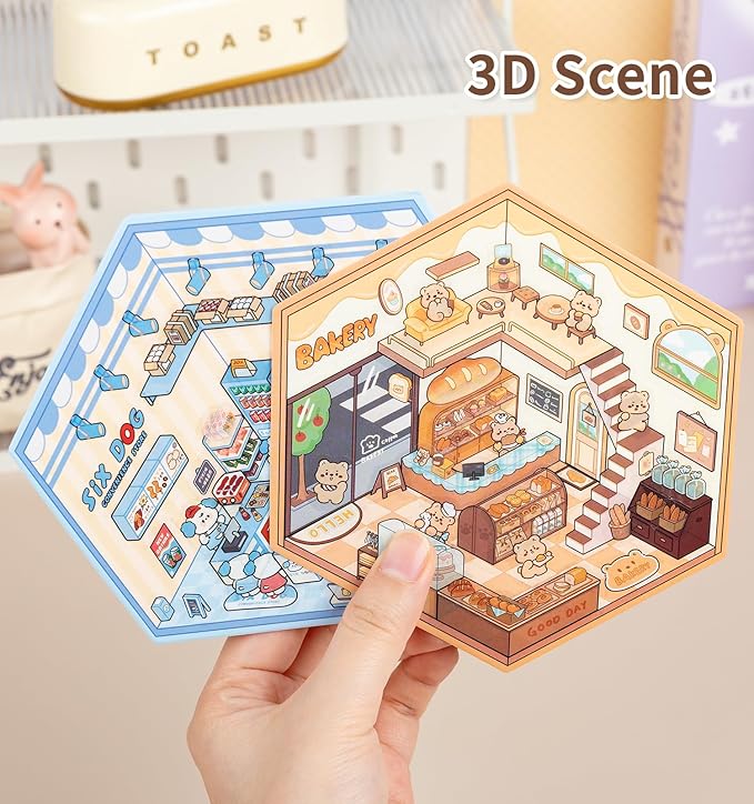 DIY 3D House Stickers, 4 Sets Fun DIY Sticker Scene Make Your Own Mini House Cute Cartoon Animal Scene Stickers for Kids Adult Sticker Art Relief Stress Pass The Time