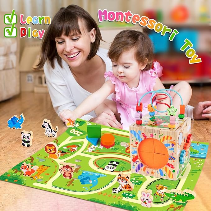 Wooden Activity Cube | Montessori Toys for 1-2 Year Old Toddlers | One Year Old 1st First Birthday Gift | Developmental Toys for 12 Months Baby Boys Girls | Bonus Sorting & Stacking Board (Pink)