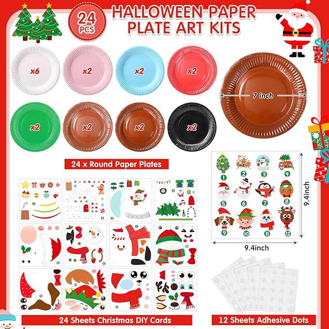 Funnymoom 24 Pcs Arts and Crafts for Kids, Halloween Plate Craft Kits Christmas Arts Craft Animal DIY Plate Kit for Halloween Xmas Holiday Party Girl Boy Preschool Classroom DIY Project(Vivid)