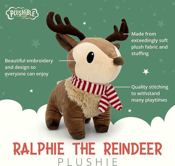 Plush Reindeer Stuffed Animal - Holiday Deer Characters with Antlers Toy for Girl, Boy, Baby, and Toddler - Little Plushie Toys - Ralphie, 8"
