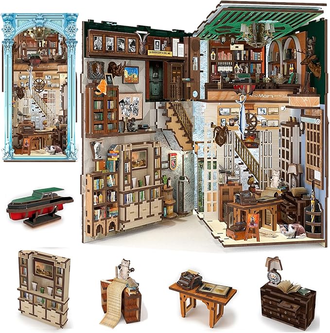Book Nook Kit, DIY Dollhouse Booknook, Book Nook Miniature Kit for Bookshelf Insert Decor Crafts for Adults Teen Halloween, 3D Wooden Puzzle with Led Light (Hemingway House)