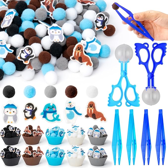 EZdhuawuse Winter Animals Sensory Bin Fillers - 267Pcs Winter Fine Motor Toys Colorful Counting Sorting Toys for Kids, Felt Polar Bear Sea Lion Pom Poms Cup Clip for Preschool Education Activities