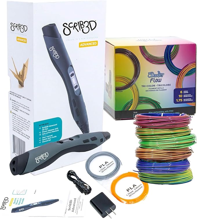 SCRIB3D Advanced 3D Printing Pen Bundle with 6 Spools of Tri-Color PLA Filament – Includes 3D Pen, 3 Starter Filaments, Stencil Book, and 200 feet of Vibrant PLA Filament for Creativity in 3D