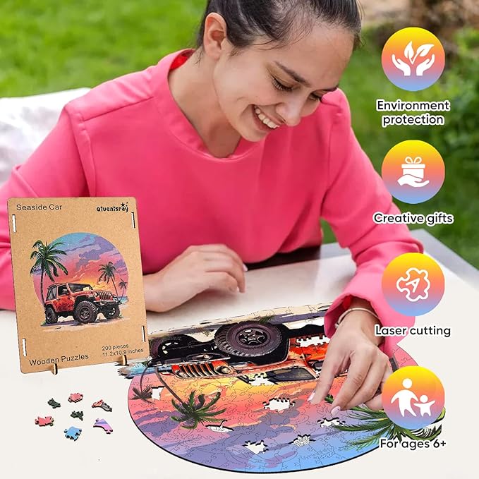 Wooden Jigsaw Puzzles-Seaside Car,500pcs,16.5x16.5in,Royal,Wooden Puzzles for Adults,Unique Shape Animal Adult Puzzles,Irregular Wood Puzzles Best Gift for Adults and Kids Family Gam